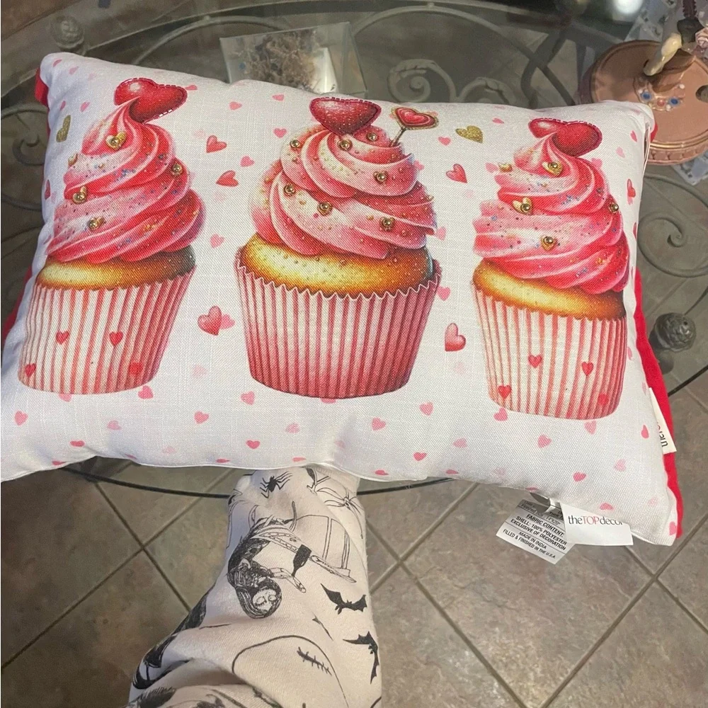 Valentines Day Pink and Red Cupcake Holiday Pillow